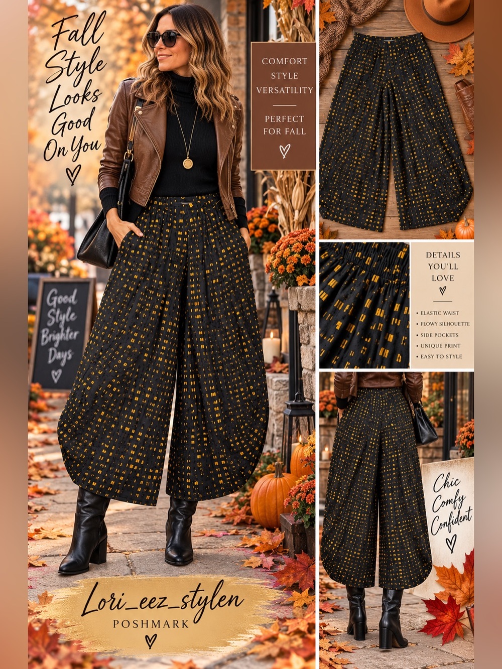 Alembika Women's Black Wide-Leg Printed Palazzo Pants with Mustard Dot Accents